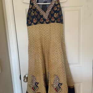 Embroidered V-Neck Two-Tone Women’s Dress - Beige and Navy